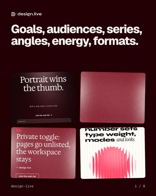 Carousel for design.live: "Goals, audiences, series, angles, energy, formats.". Collection carousel, 8 slides, dark palette.