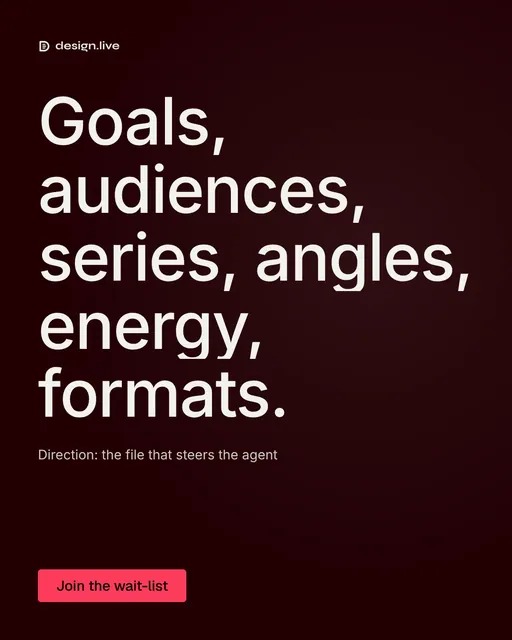Video for design.live: "Goals, audiences, series, angles, energy, formats.". Doc motion loop, 8.0 s, dark palette.