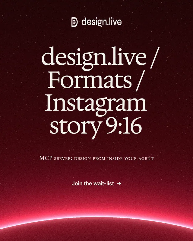 Instagram portrait post for design.live: "design.live / Formats / Instagram story 9:16". Swiss style, smallcaps layout, dark palette in black, red.