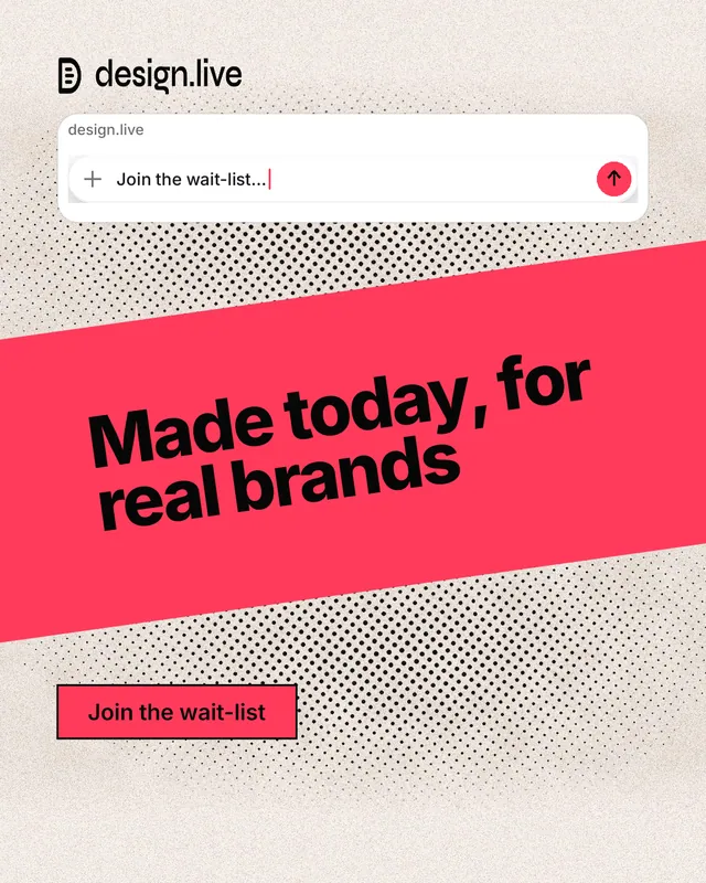 Instagram portrait post for design.live: "Made today, for real brands". Ink sticker style, diagonal layout, light palette in red, white, orange.