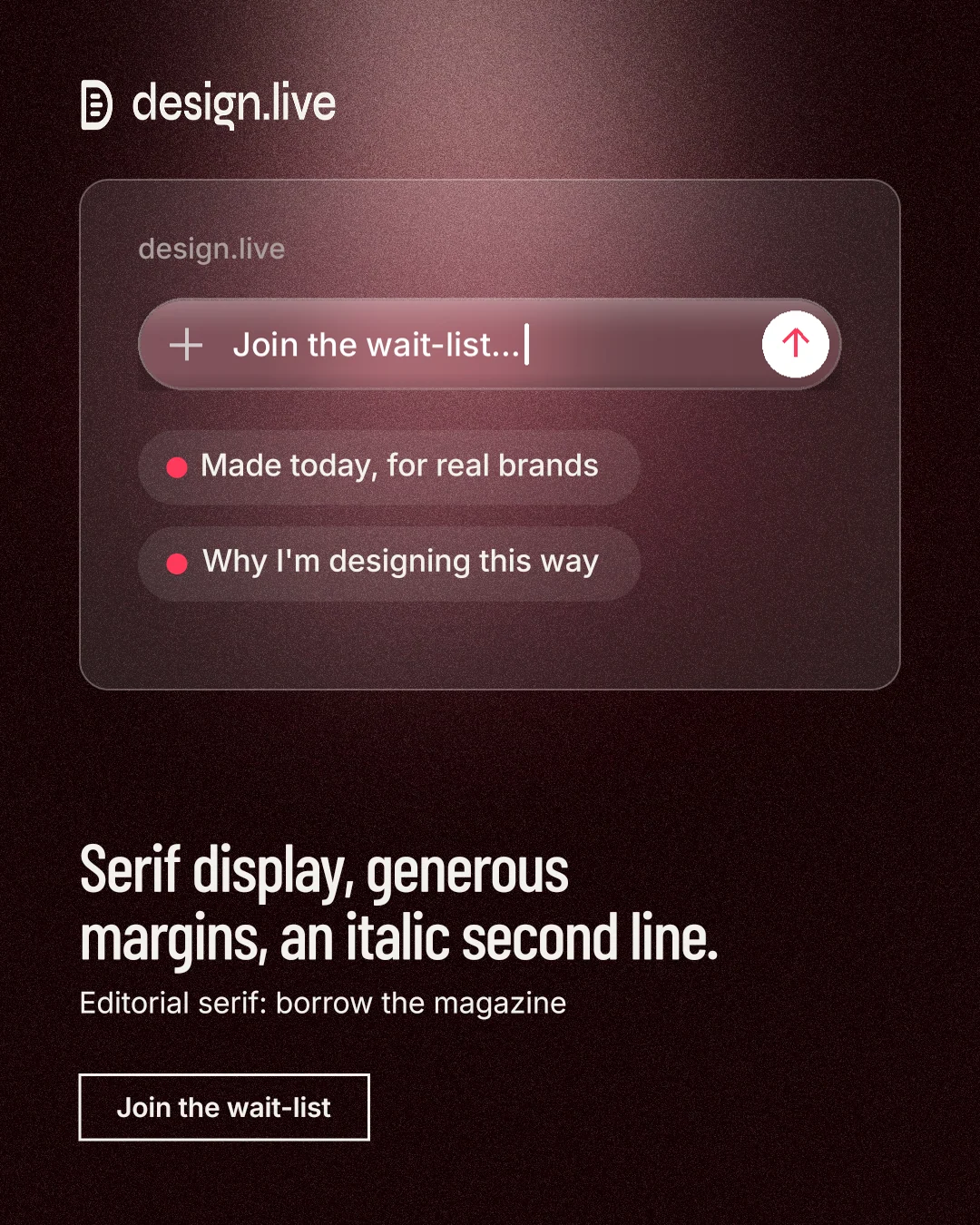 Instagram portrait post for design.live: "Serif display, generous margins, an italic second line." Dark deco style, bottom layout, dark palette in black, red, grey.