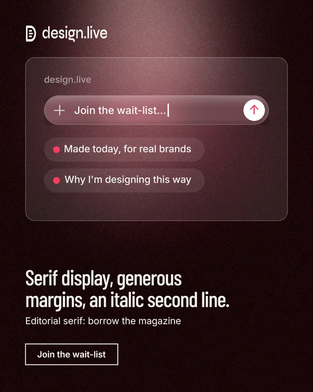 Instagram portrait post for design.live: "Serif display, generous margins, an italic second line." Dark deco style, bottom layout, dark palette in black, red, grey.