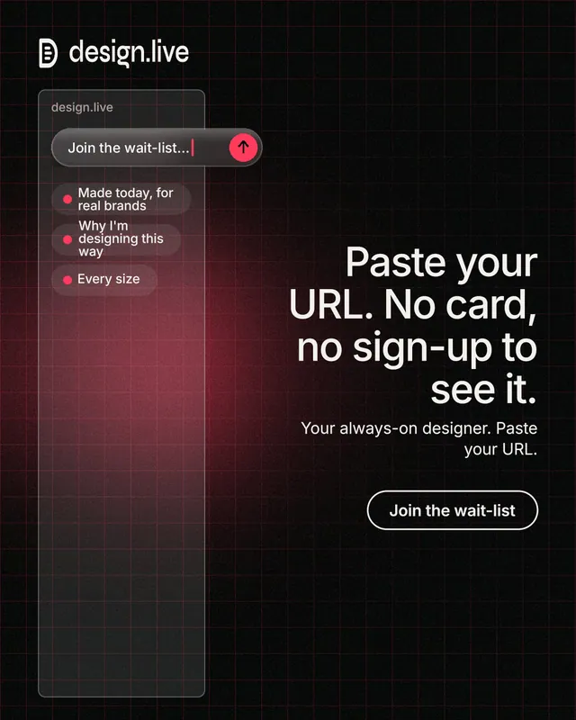 Instagram portrait post for design.live: "Paste your URL. No card, no sign-up to see it." Phosphor atlas style, right layout, dark palette in black, red, grey.