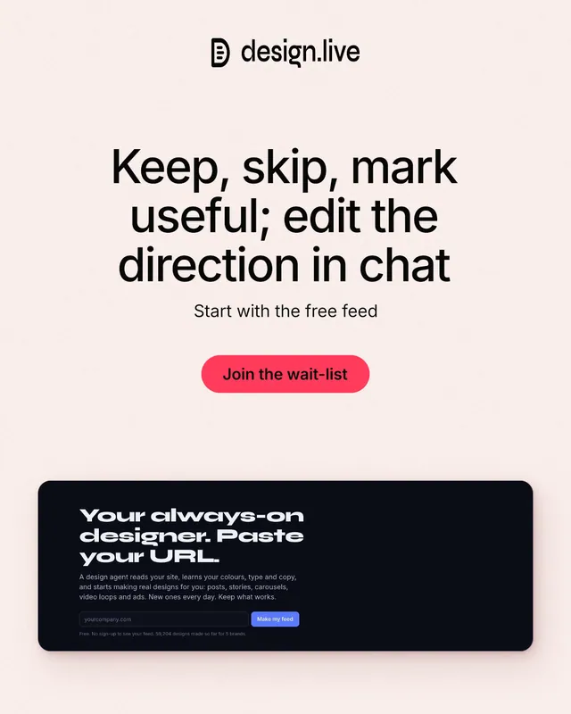 Instagram portrait post for design.live: "Keep, skip, mark useful; edit the direction in chat". Data card style, centred layout, light palette in white, black, grey.