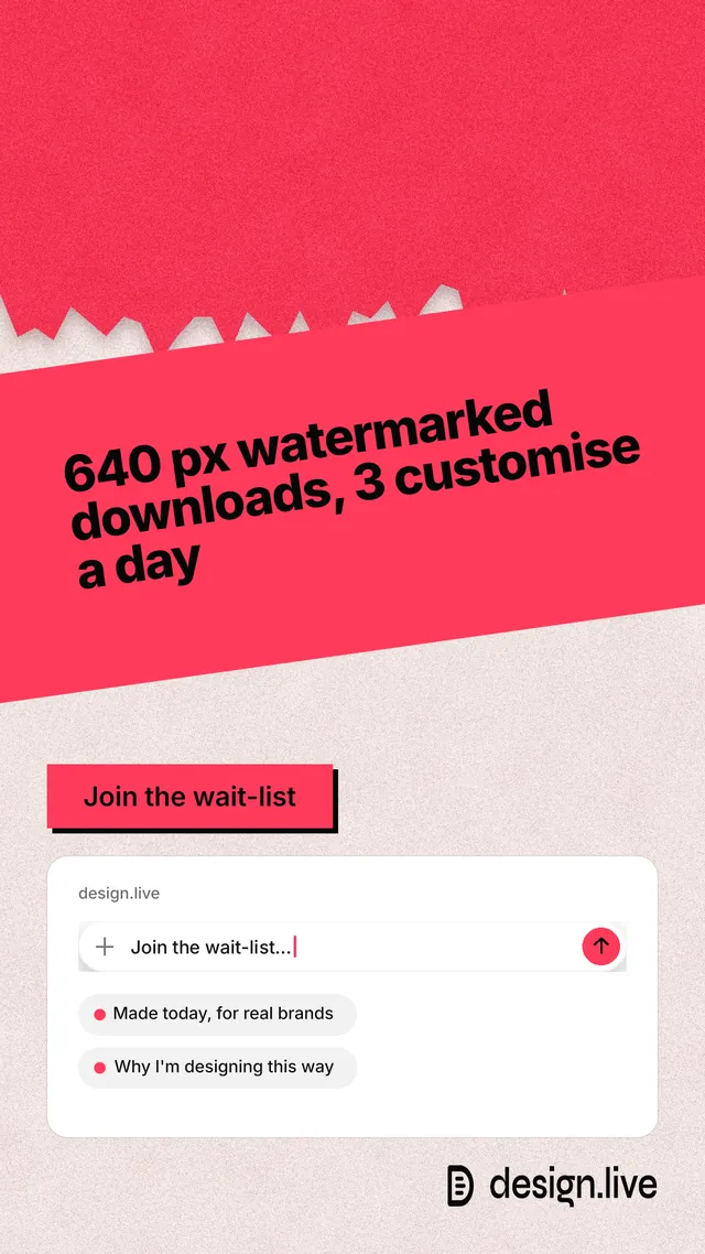 Instagram story for design.live: "640 px watermarked downloads, 3 customise a day". Paper trio style, diagonal layout, light palette in red, white.
