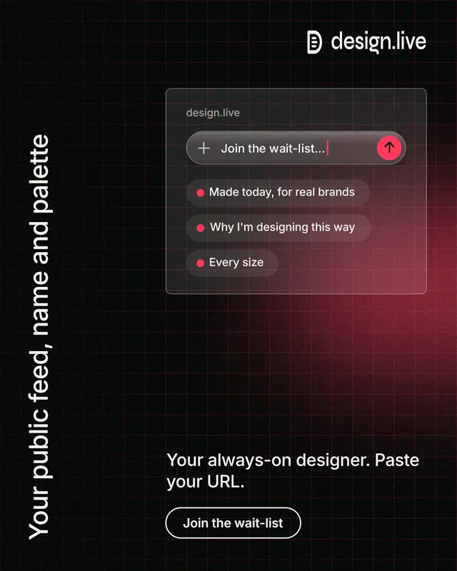 Instagram portrait post for design.live: "Your public feed, name and palette". Phosphor atlas style, vertical layout, dark palette in black, grey.