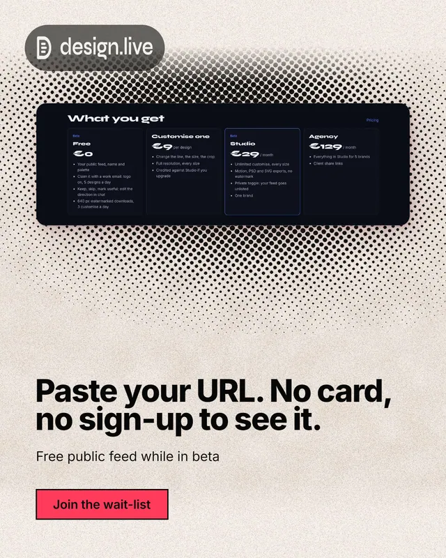 Instagram portrait post for design.live: "Paste your URL. No card, no sign-up to see it." Ink sticker style, bottom layout, light palette in orange, black, grey.