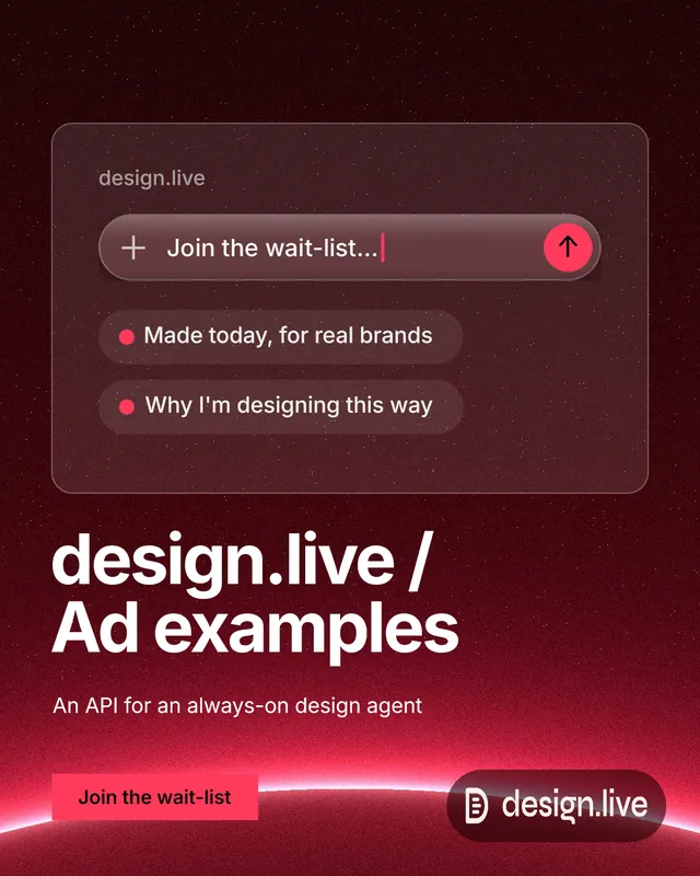 Instagram portrait post for design.live: "design.live / Ad examples". Swiss style, bottom layout, dark palette in red, black.