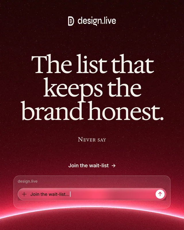 Instagram portrait post for design.live: "The list that keeps the brand honest." Swiss style, smallcaps layout, dark palette in black, red.