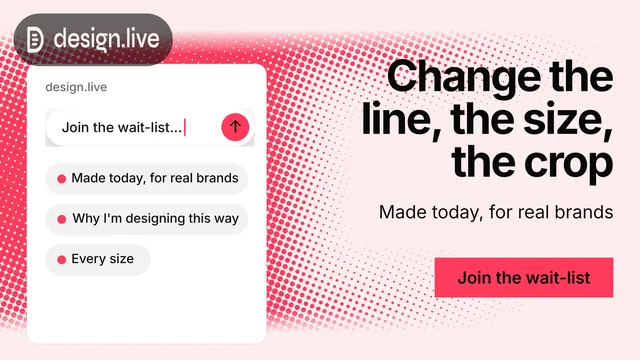 Landscape graphic for design.live: "Change the line, the size, the crop". Swiss style, right layout, light palette in white, red.