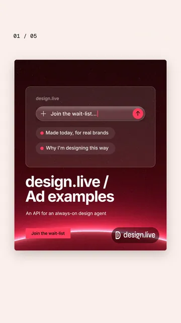 Video for design.live. Ad flipbook, 7.5 s, light palette.