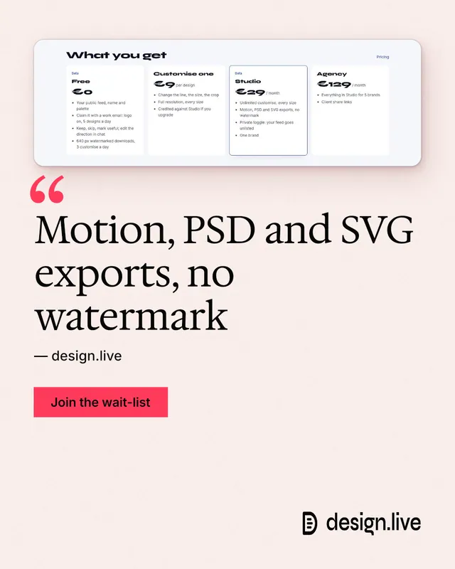 Instagram portrait post for design.live: "Motion, PSD and SVG exports, no watermark". Swiss style, quote layout, light palette in white, red.