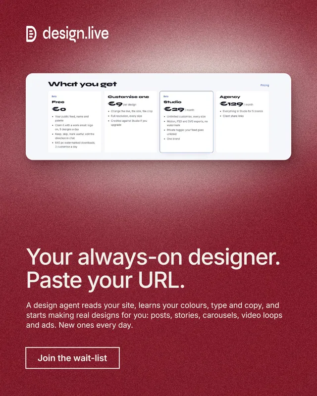 Instagram portrait post for design.live: "Your always-on designer. Paste your URL." Cyanotype style, bottom layout, dark palette in red.