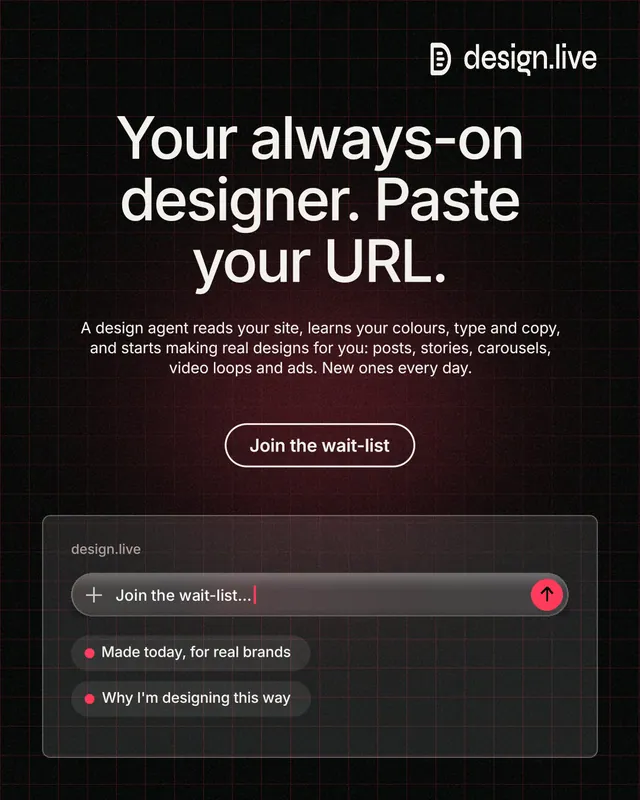 Instagram portrait post for design.live: "Your always-on designer. Paste your URL." Phosphor atlas style, centred layout, dark palette in black, grey.
