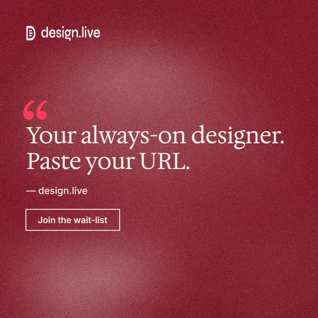 Instagram post for design.live: "Your always-on designer. Paste your URL." Cyanotype style, quote layout, dark palette in red.