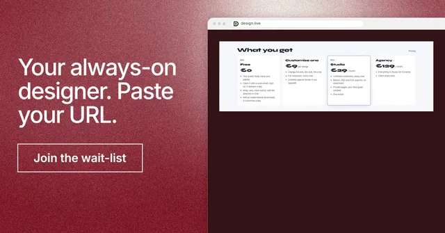 Social ad for design.live: "Your always-on designer. Paste your URL." Cyanotype style, browser layout, dark palette in red, white.