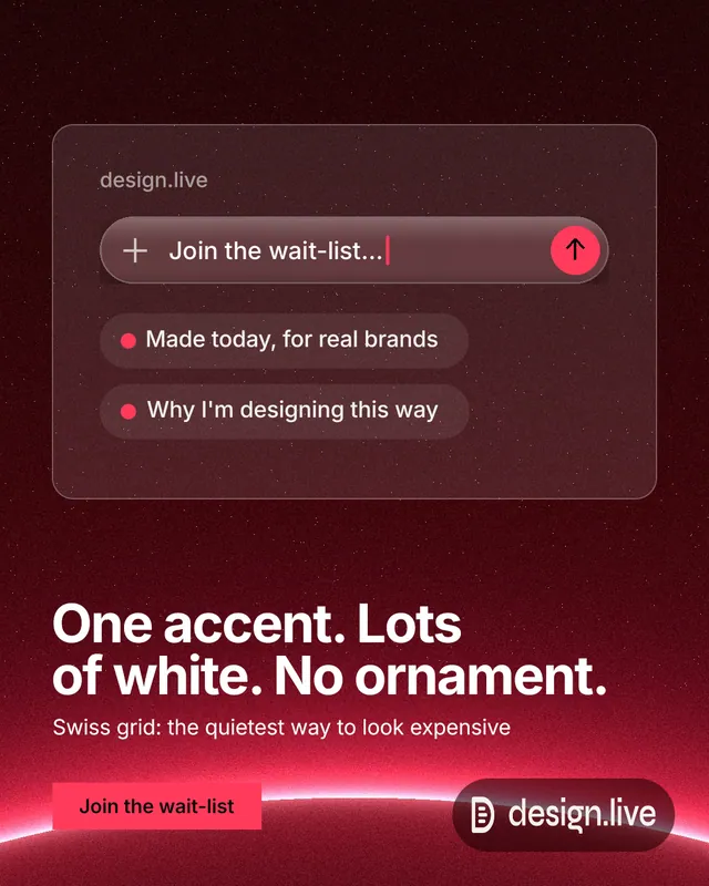 Instagram portrait post for design.live: "One accent. Lots of white. No ornament." Swiss style, bottom layout, dark palette in red, black.