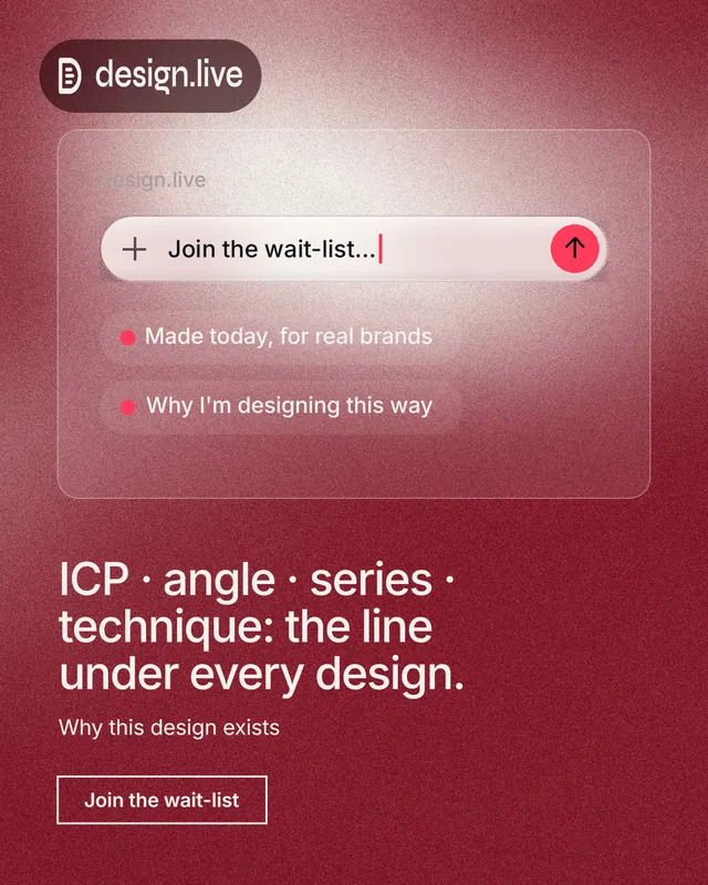 Instagram portrait post for design.live: "ICP · angle · series · technique: the line under every design." Cyanotype style, bottom layout, dark palette in red.