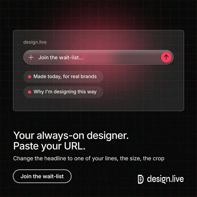 Instagram post for design.live: "Your always-on designer. Paste your URL." Phosphor atlas style, bottom layout, dark palette in black, grey.