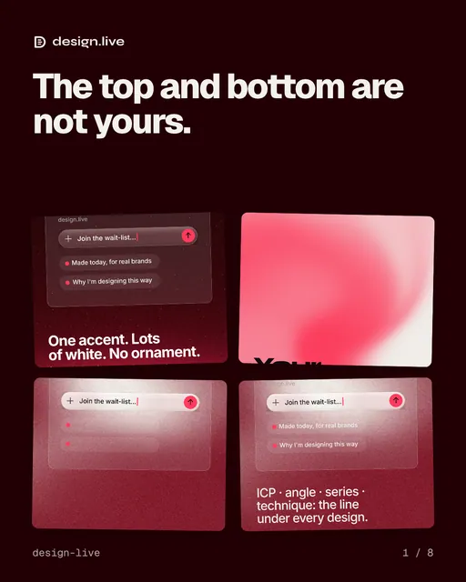Carousel for design.live: "The top and bottom are not yours.". Collection carousel, 8 slides, dark palette.