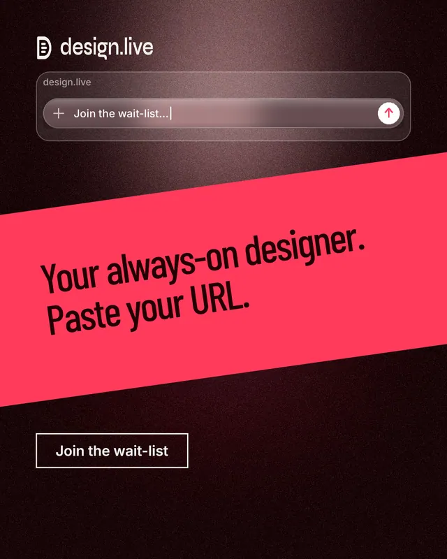 Instagram portrait post for design.live: "Your always-on designer. Paste your URL." Dark deco style, diagonal layout, dark palette in black, red.