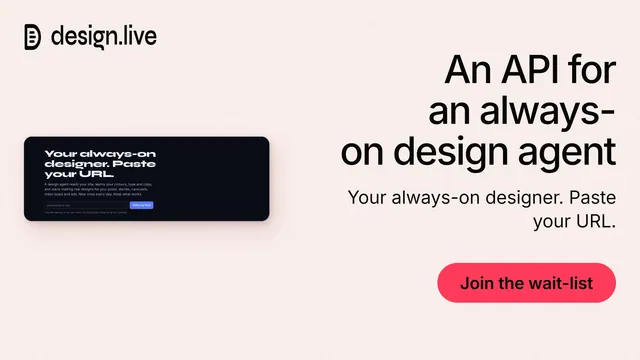 Landscape graphic for design.live: "An API for an always-on design agent". Data card style, right layout, light palette in white, grey.