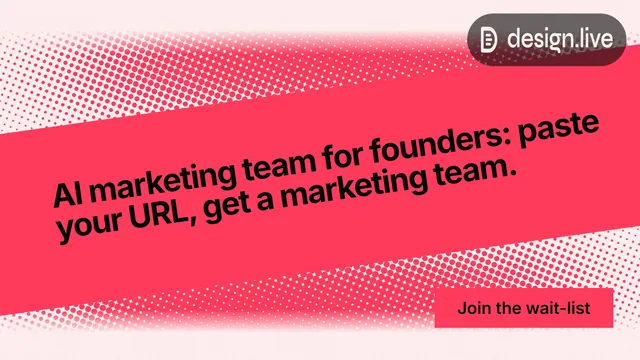 Landscape graphic for design.live: "AI marketing team for founders: paste your URL, get a marketing team." Swiss style, diagonal layout, light palette in red, white.