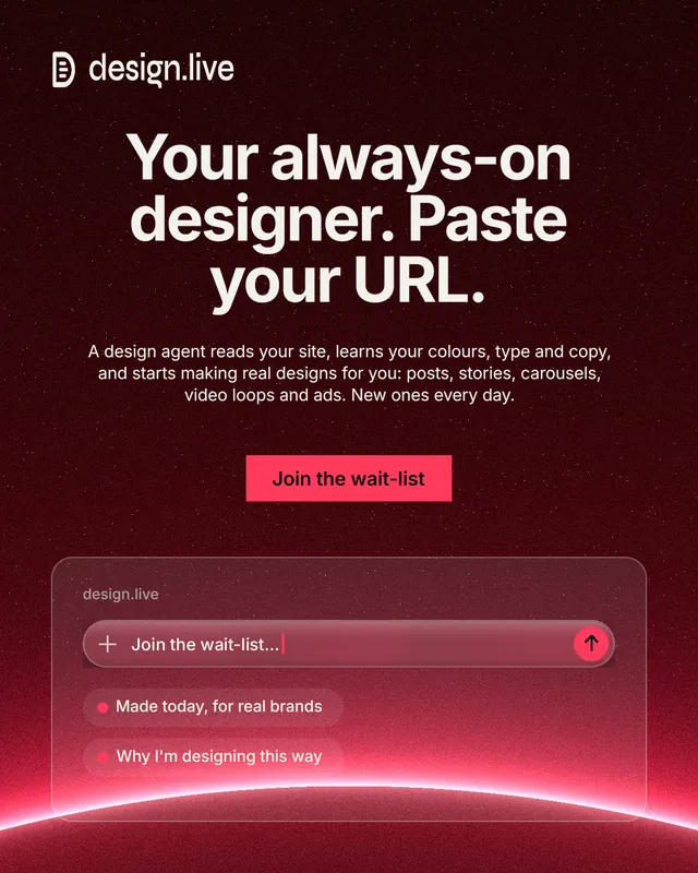 Instagram portrait post for design.live: "Your always-on designer. Paste your URL." Swiss style, centred layout, dark palette in red, black.