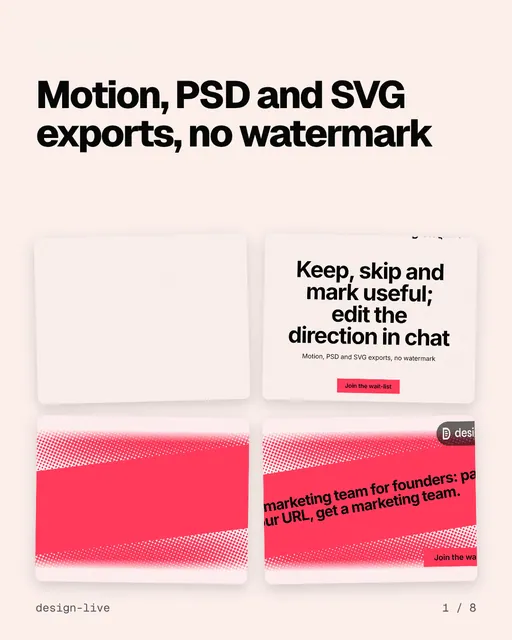Carousel for design.live: "Motion, PSD and SVG exports, no watermark". Collection carousel, 8 slides, light palette.