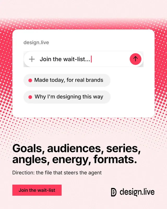 Instagram portrait post for design.live: "Goals, audiences, series, angles, energy, formats." Swiss style, bottom layout, light palette in white, red.