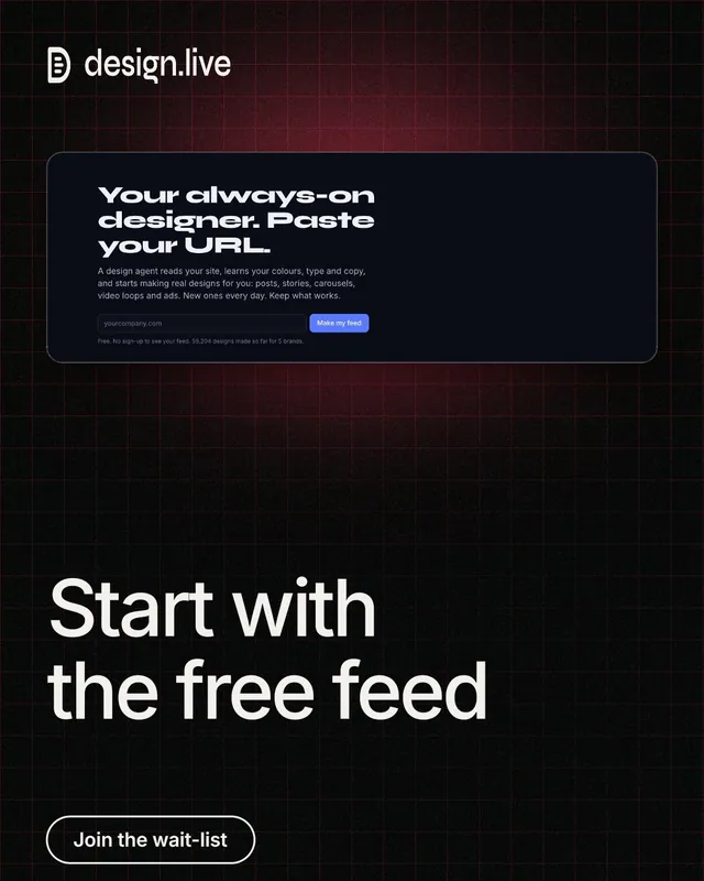 Instagram portrait post for design.live: "Start with the free feed". Phosphor atlas style, bottom layout, dark palette in black, grey.