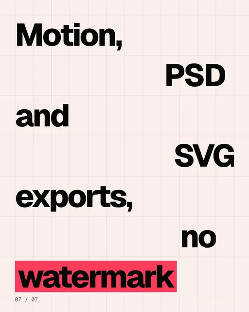 Video for design.live: "Motion, PSD and SVG exports, no watermark". Kinetic type grid, 6.0 s, light palette.