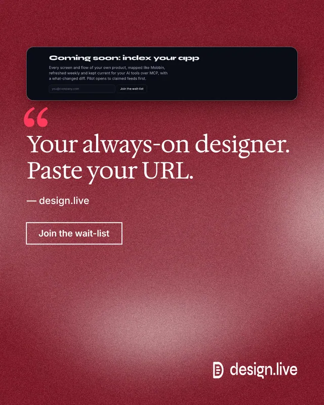Instagram portrait post for design.live: "Your always-on designer. Paste your URL." Cyanotype style, quote layout, dark palette in red.