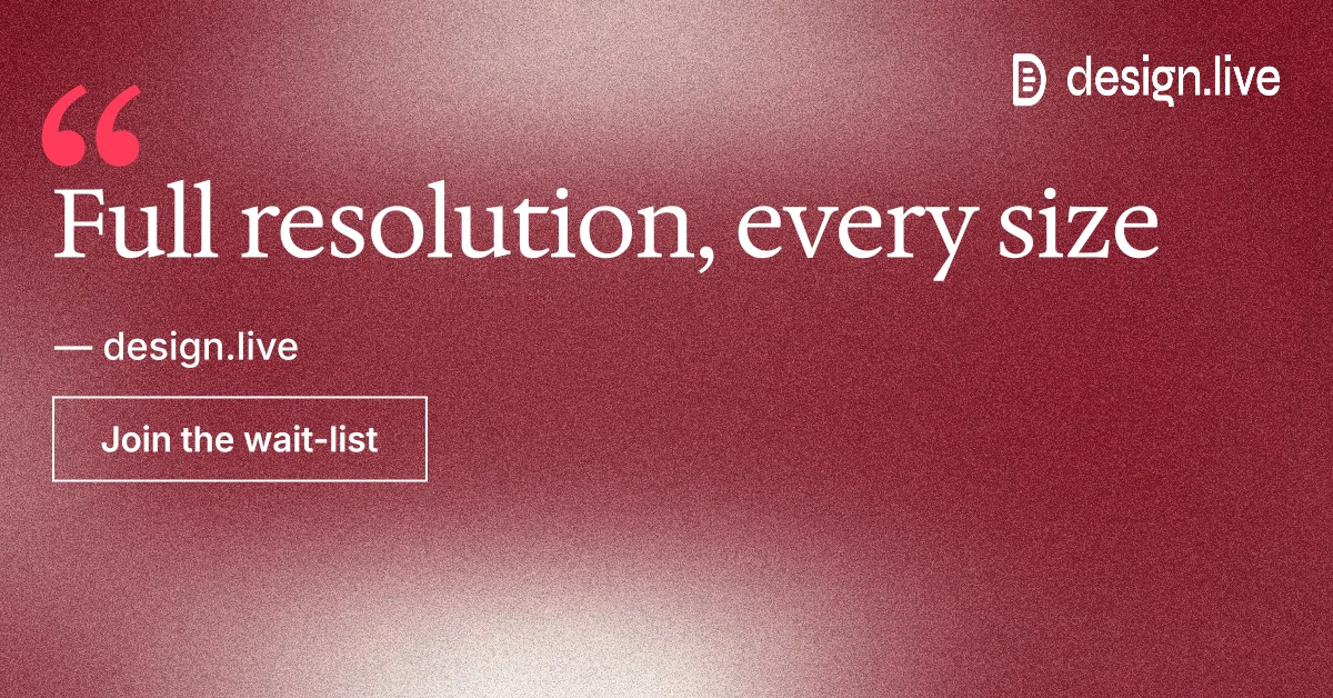 Social ad for design.live: "Full resolution, every size". Cyanotype style, quote layout, dark palette in red.