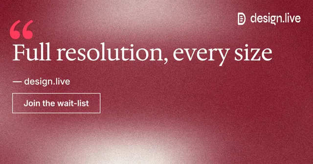Social ad for design.live: "Full resolution, every size". Cyanotype style, quote layout, dark palette in red.