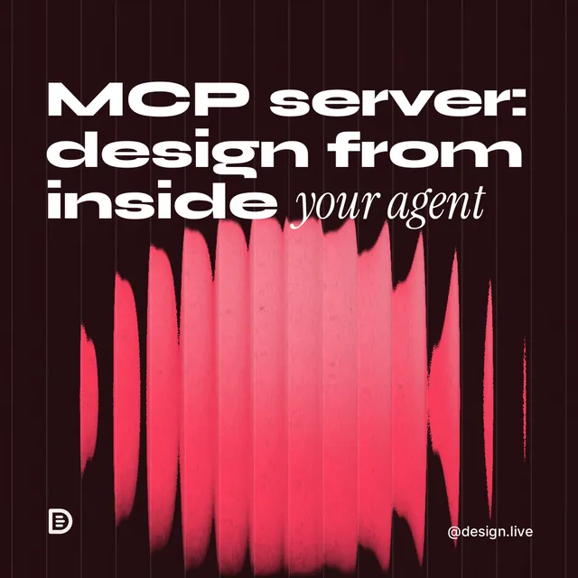 Instagram post for design.live: "MCP server: design from inside your agent". Auto 1x1 style, technique:shader field layout, dark palette in black, red.