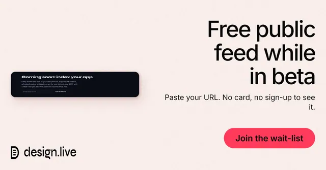 Social ad for design.live: "Free public feed while in beta". Data card style, right layout, light palette in white, grey.