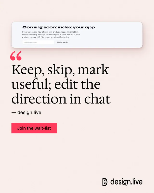 Instagram portrait post for design.live: "Keep, skip, mark useful; edit the direction in chat". Swiss style, quote layout, light palette in white, red.