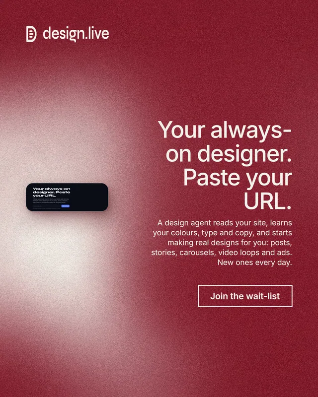 Instagram portrait post for design.live: "Your always-on designer. Paste your URL." Cyanotype style, right layout, dark palette in red.
