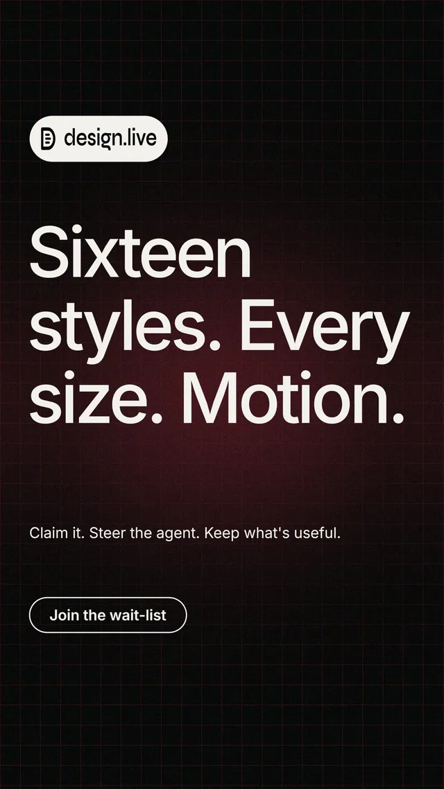 Instagram story for design.live: "Sixteen styles. Every size. Motion." Phosphor atlas style, announce layout, dark palette in black, red, grey.