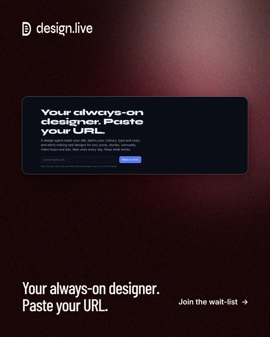 Instagram portrait post for design.live: "Your always-on designer. Paste your URL." Dark deco style, image led layout, dark palette in black, grey.