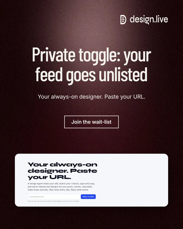 Instagram portrait post for design.live: "Private toggle: your feed goes unlisted". Dark deco style, centred layout, dark palette in black, white, red.