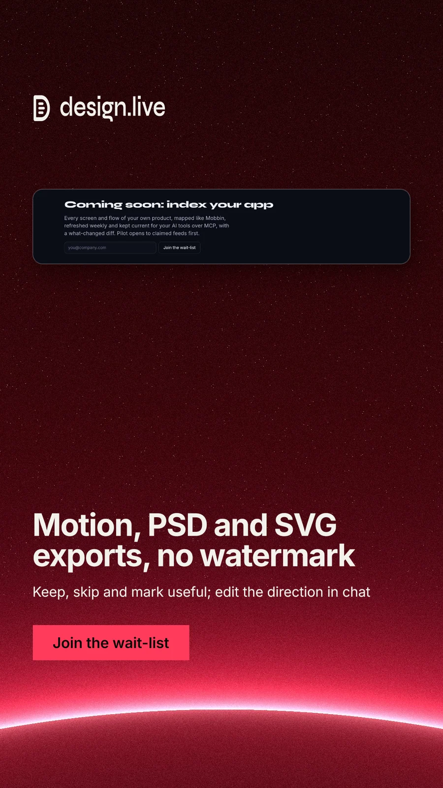 Instagram story for design.live: "Motion, PSD and SVG exports, no watermark". Swiss style, bottom layout, dark palette in black, red.