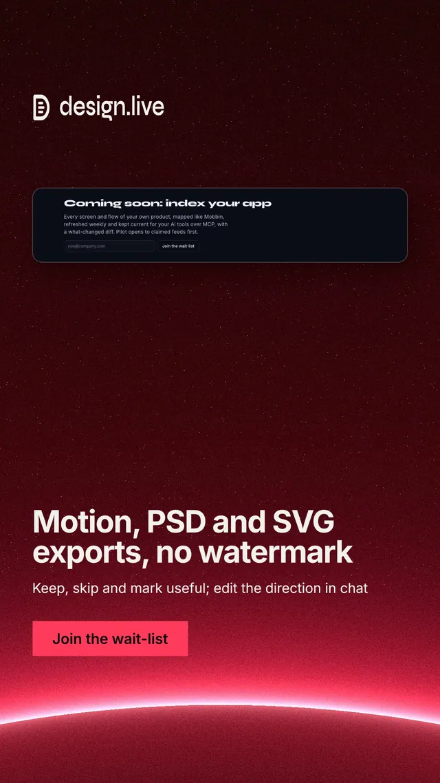 Instagram story for design.live: "Motion, PSD and SVG exports, no watermark". Swiss style, bottom layout, dark palette in black, red.