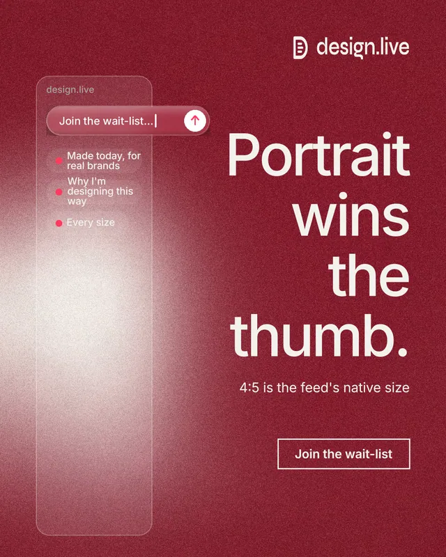Instagram portrait post for design.live: "Portrait wins the thumb." Cyanotype style, right layout, dark palette in red.