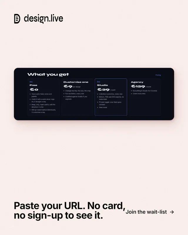 Instagram portrait post for design.live: "Paste your URL. No card, no sign-up to see it." Swiss style, image led layout, light palette in white, black.