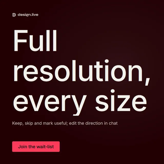 Video for design.live: "Full resolution, every size". Doc motion loop, 7.0 s, dark palette.