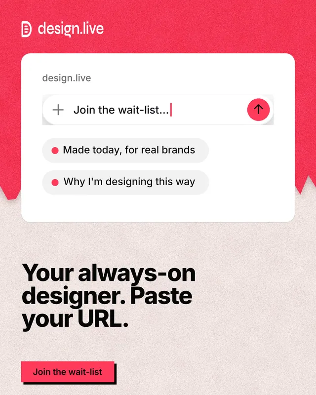 Instagram portrait post for design.live: "Your always-on designer. Paste your URL." Paper trio style, bottom layout, light palette in orange, white, red.