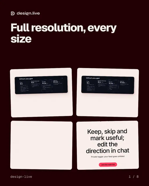 Carousel for design.live: "Full resolution, every size". Collection carousel, 8 slides, dark palette.