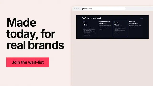 Landscape graphic for design.live: "Made today, for real brands". Swiss style, browser layout, light palette in orange, white, grey.